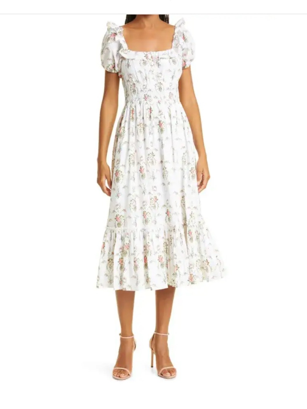 LoveShackFancy Terrence Tiered White Floral Midi Dress size Medium
